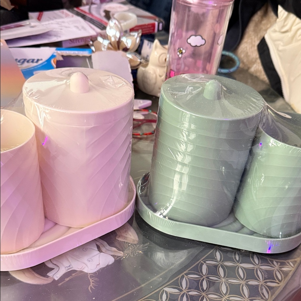 Set of Cream and Green plastic Canisters
